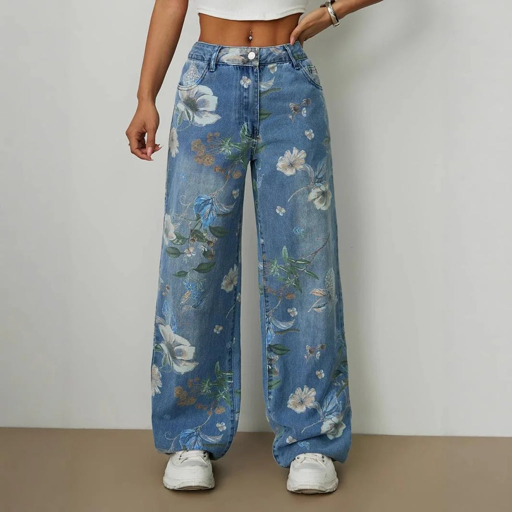 Calça Jeans Feminina Wide Leg Floral Cintura Alta
