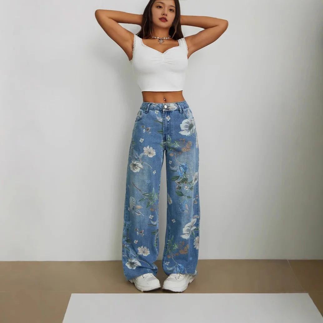 Calça Jeans Feminina Wide Leg Floral Cintura Alta