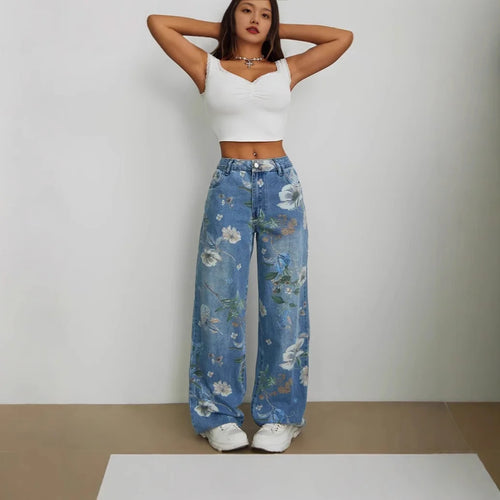 Calça Jeans Feminina Wide Leg Floral Cintura Alta