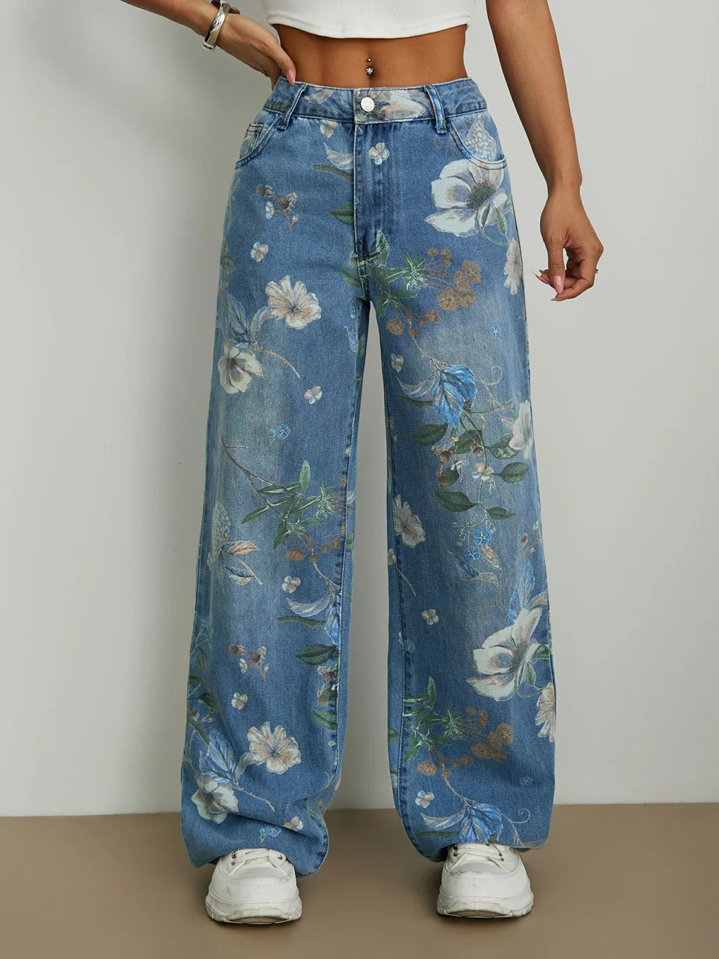 Calça Jeans Feminina Wide Leg Floral Cintura Alta
