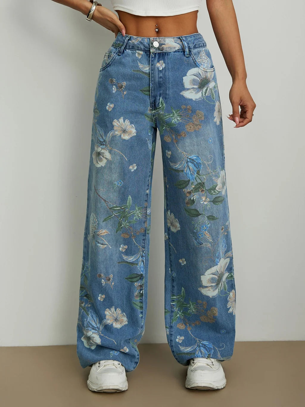 Calça Jeans Feminina Wide Leg Floral Cintura Alta