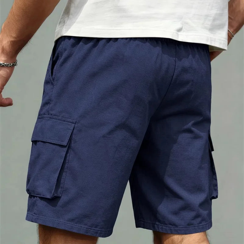Summer Loose Multi Pocket Cargo Shorts Men Elastic Drawstring Waist Knee Length Shorts Daily Outdoor Casual Work Short Pants