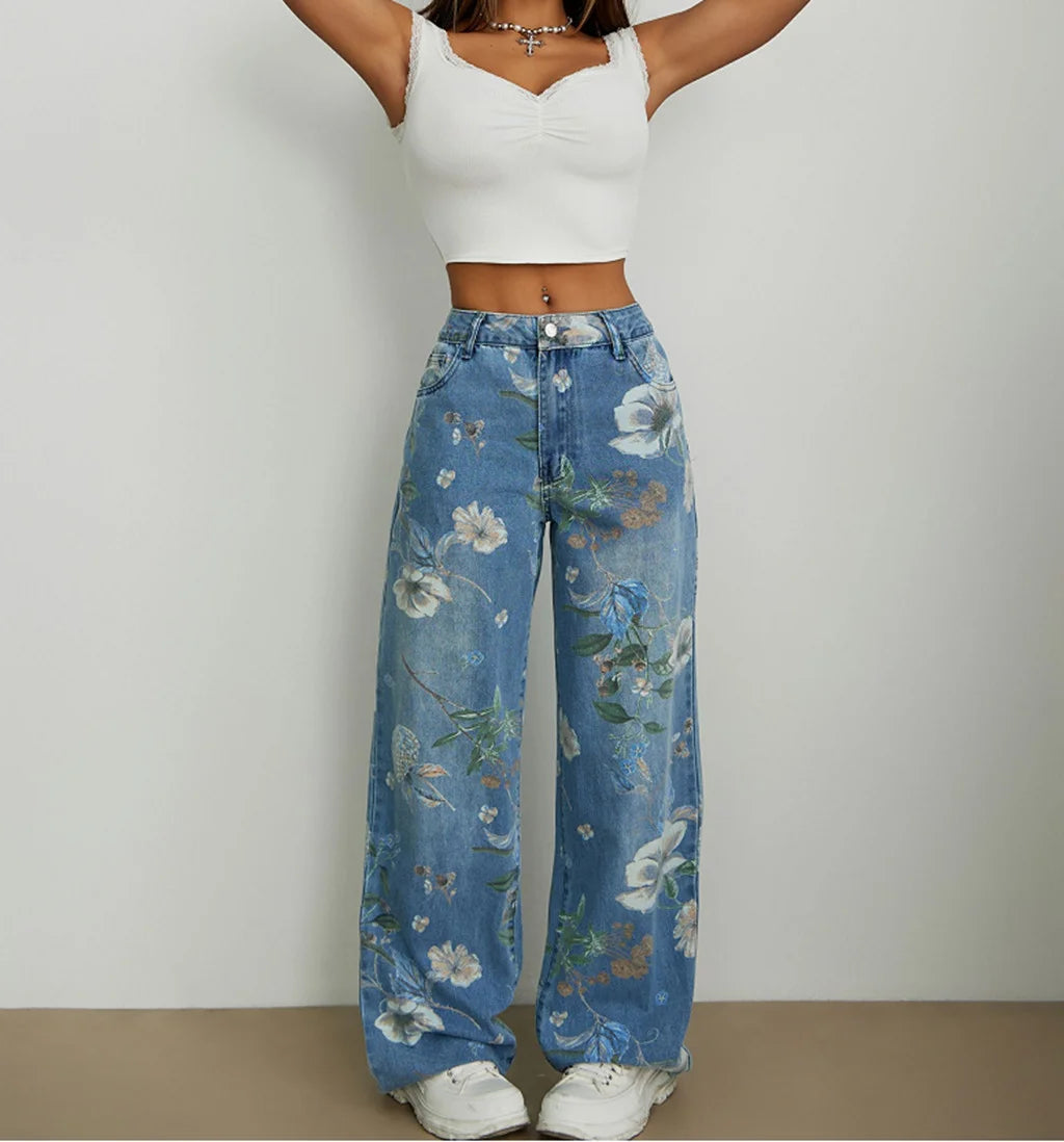 Calça Jeans Feminina Wide Leg Floral Cintura Alta