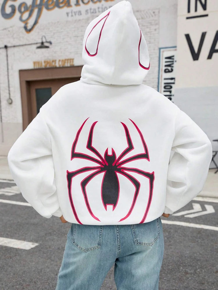 Y2k Spider Prints Hoodies Women Winter Harajuku Casual Loose Sweatshirt Fleece Warm Pocket Streetwear Hip Hop Womans Clothes