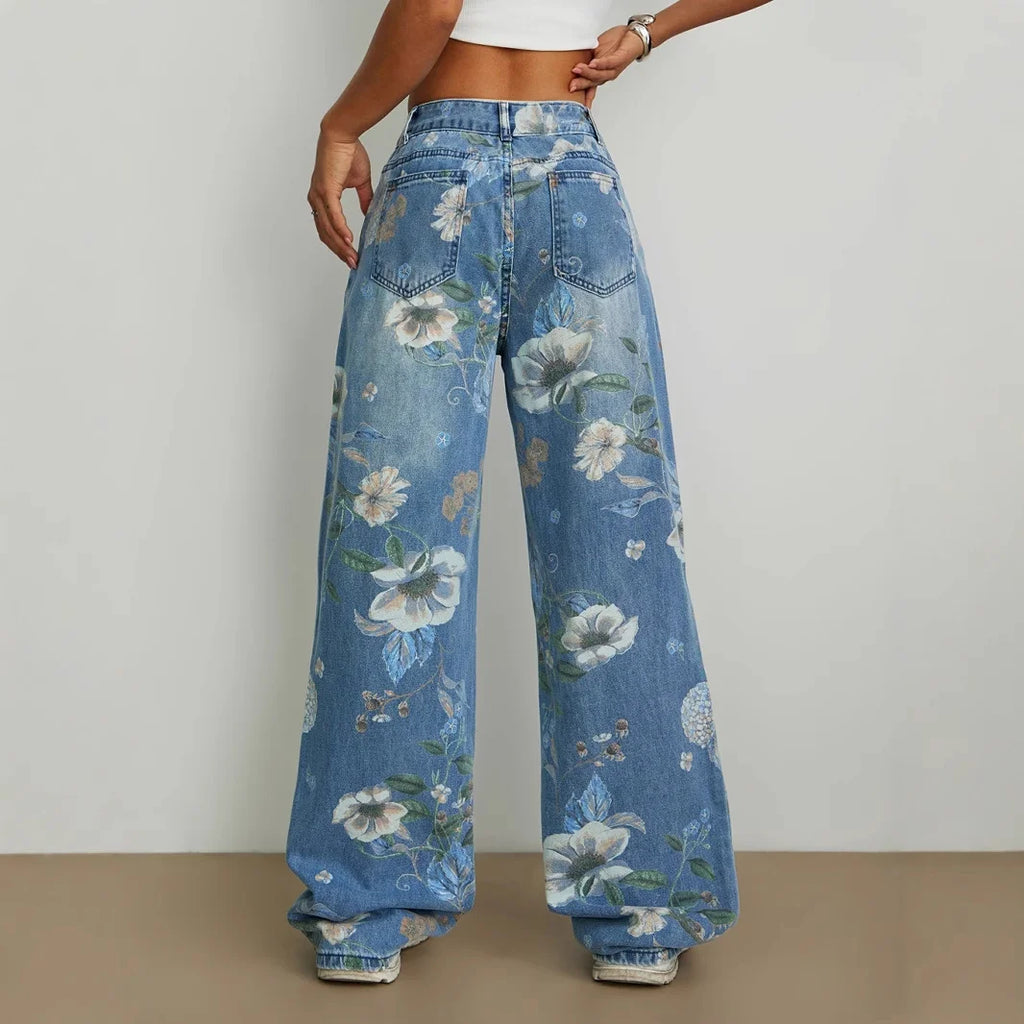 Calça Jeans Feminina Wide Leg Floral Cintura Alta