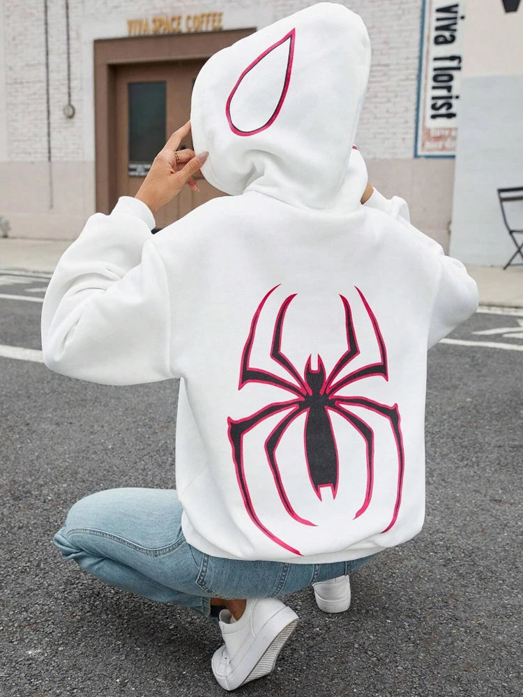 Y2k Spider Prints Hoodies Women Winter Harajuku Casual Loose Sweatshirt Fleece Warm Pocket Streetwear Hip Hop Womans Clothes