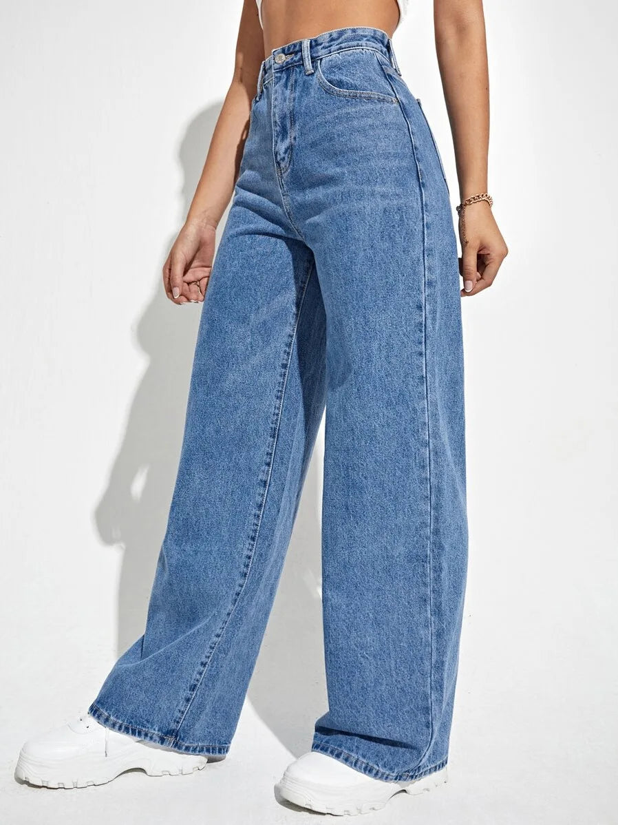 Calça Jeans Feminina Wide Leg Cintura Alta