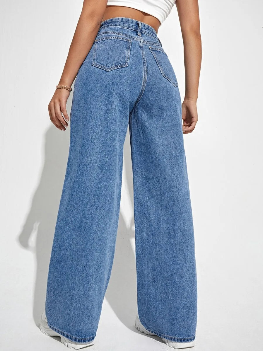 Calça Jeans Feminina Wide Leg Cintura Alta