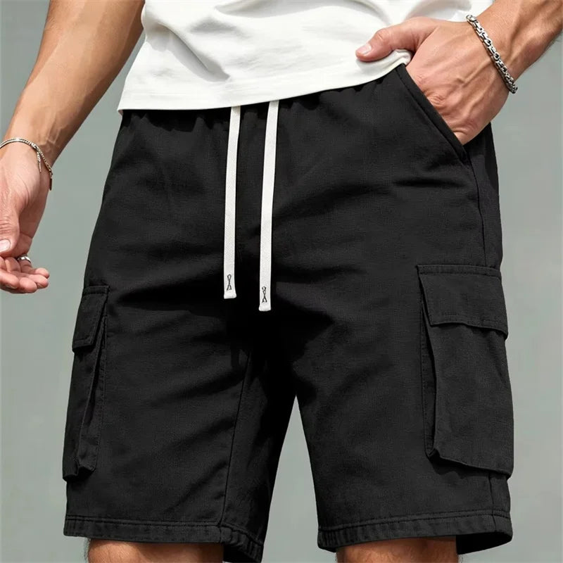 Summer Loose Multi Pocket Cargo Shorts Men Elastic Drawstring Waist Knee Length Shorts Daily Outdoor Casual Work Short Pants