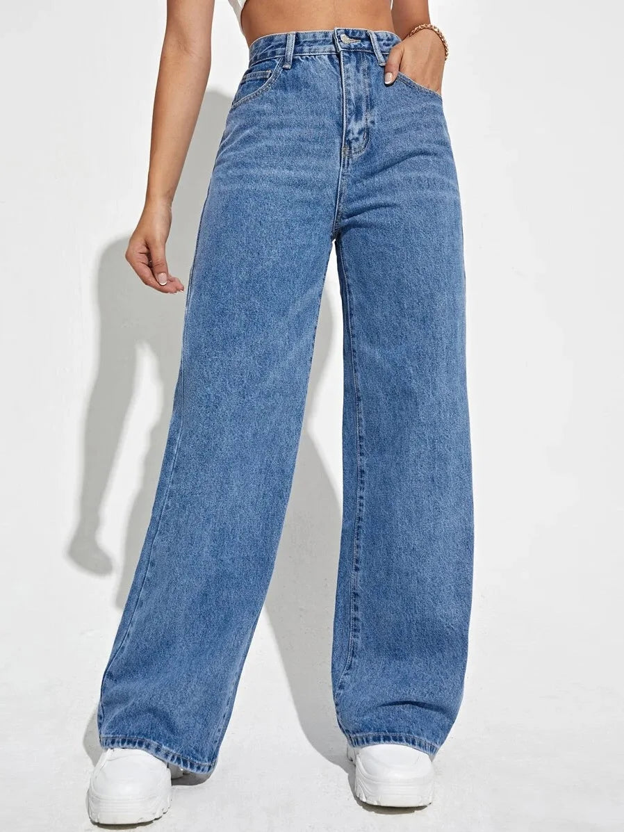 Calça Jeans Feminina Wide Leg Cintura Alta