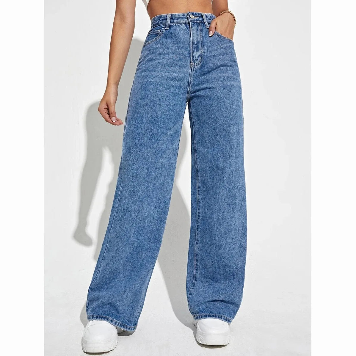 Calça Jeans Feminina Wide Leg Cintura Alta
