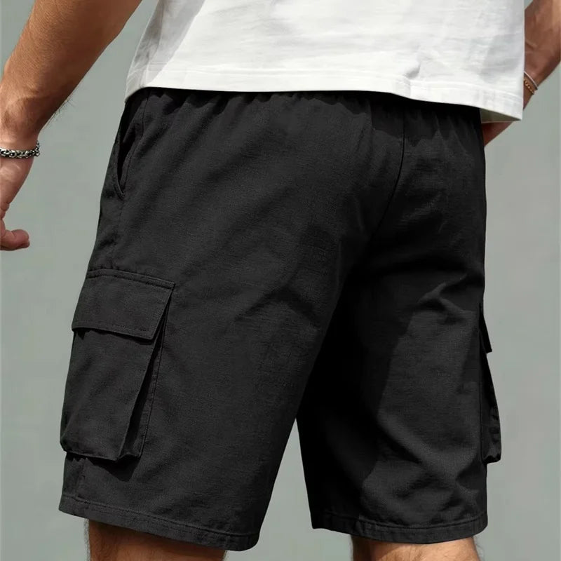 Summer Loose Multi Pocket Cargo Shorts Men Elastic Drawstring Waist Knee Length Shorts Daily Outdoor Casual Work Short Pants