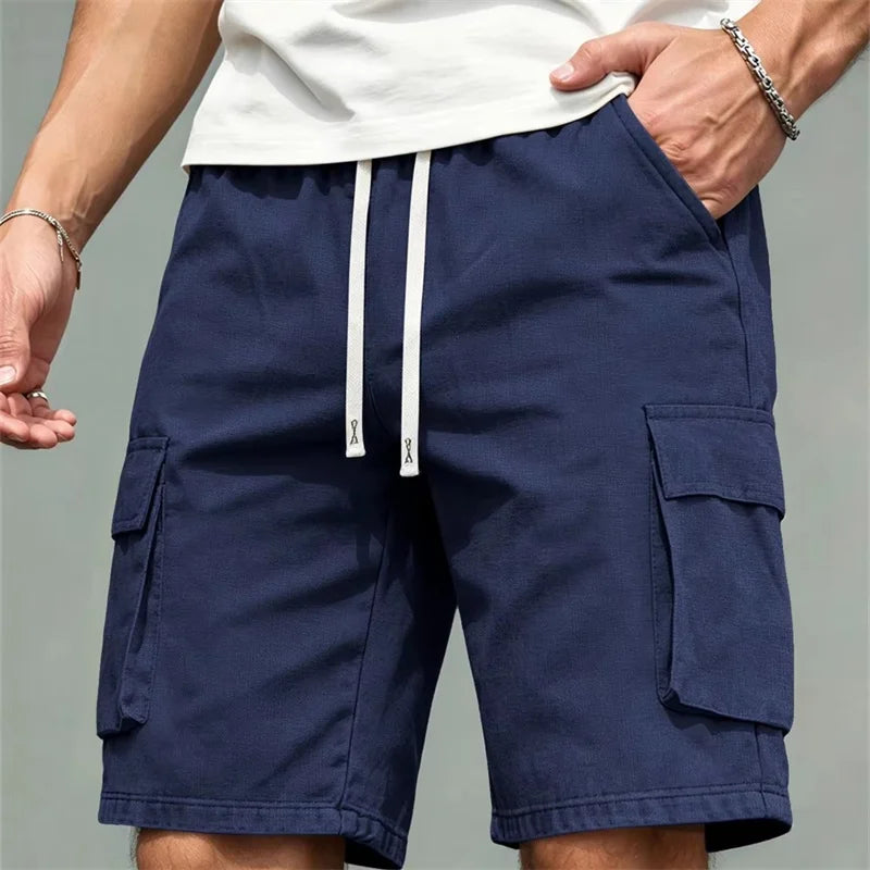 Summer Loose Multi Pocket Cargo Shorts Men Elastic Drawstring Waist Knee Length Shorts Daily Outdoor Casual Work Short Pants