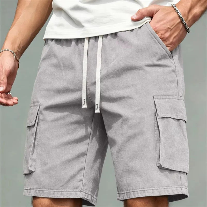 Summer Loose Multi Pocket Cargo Shorts Men Elastic Drawstring Waist Knee Length Shorts Daily Outdoor Casual Work Short Pants