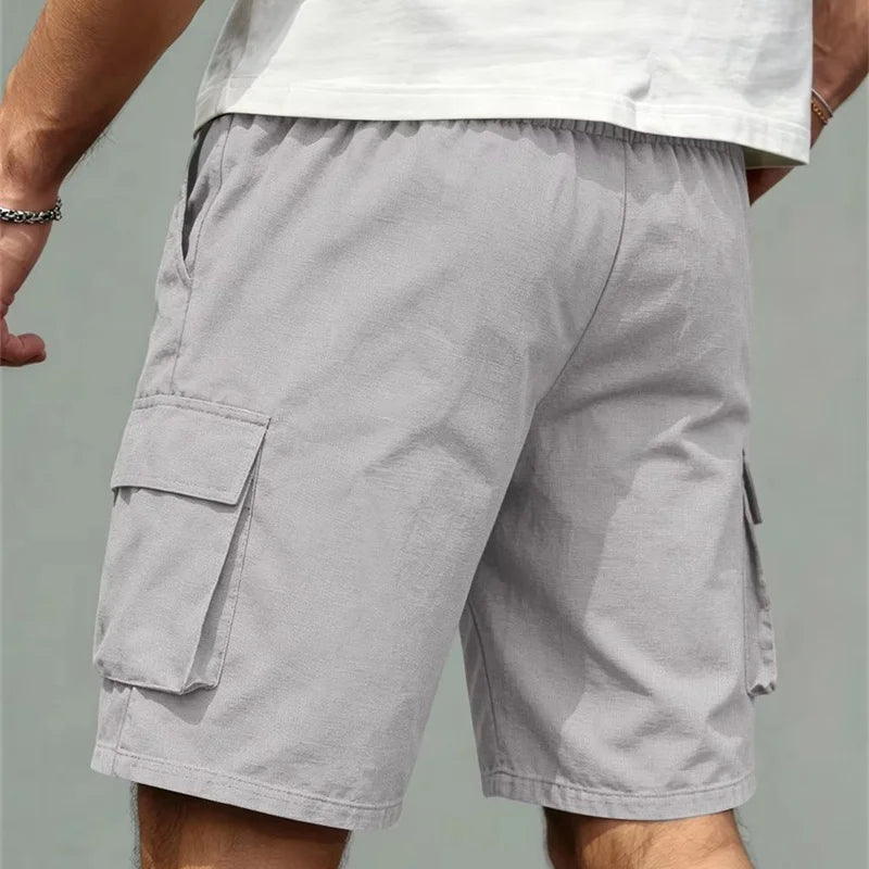 Summer Loose Multi Pocket Cargo Shorts Men Elastic Drawstring Waist Knee Length Shorts Daily Outdoor Casual Work Short Pants