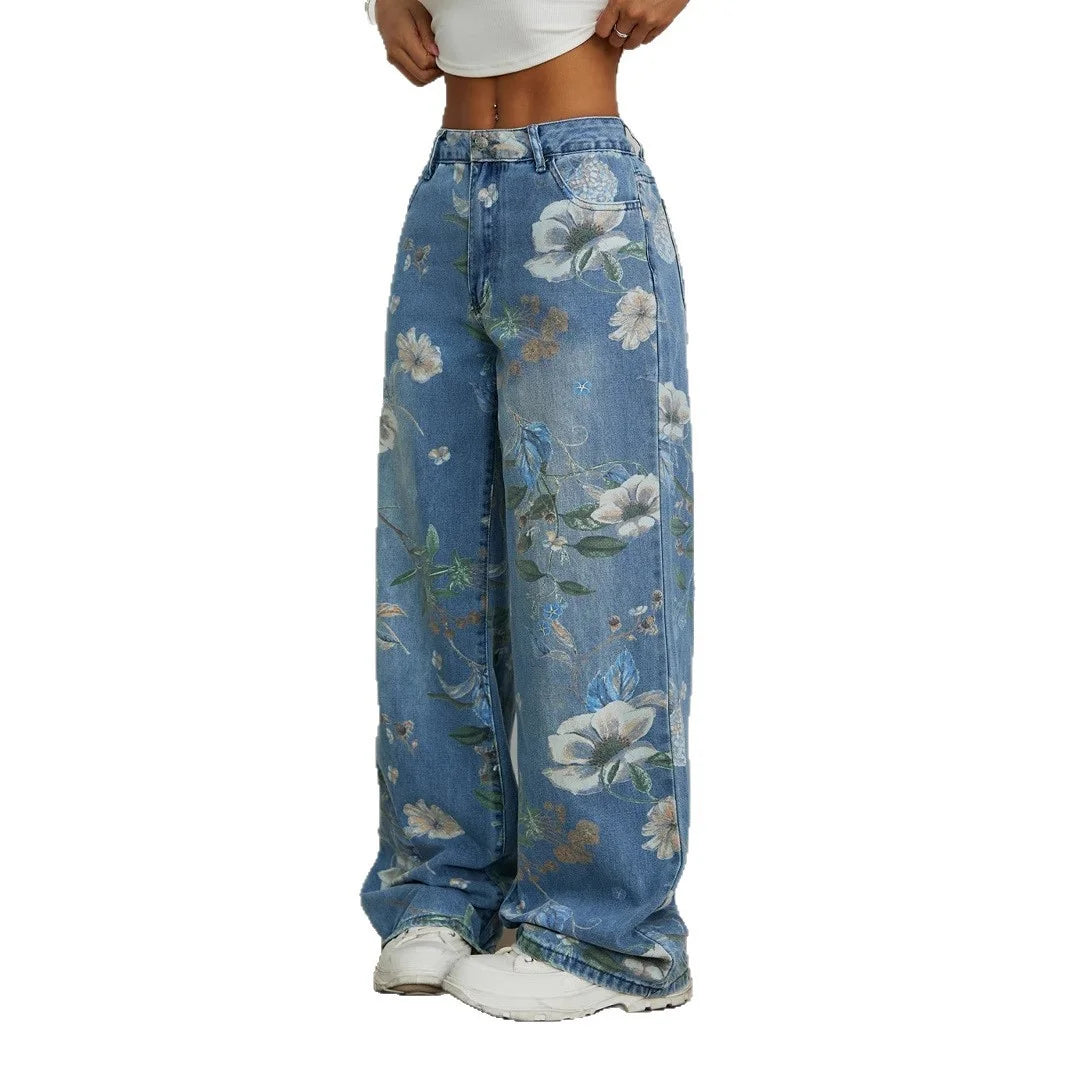 Calça Jeans Feminina Wide Leg Floral Cintura Alta