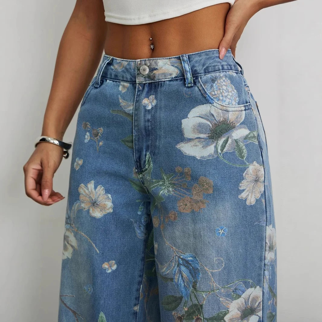 Calça Jeans Feminina Wide Leg Floral Cintura Alta
