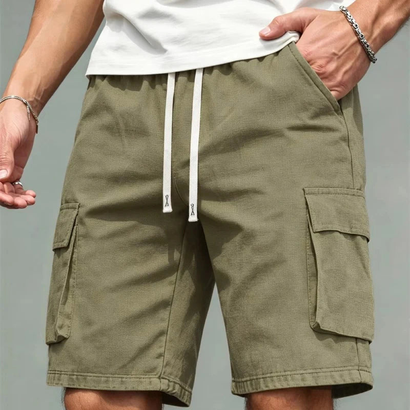 Summer Loose Multi Pocket Cargo Shorts Men Elastic Drawstring Waist Knee Length Shorts Daily Outdoor Casual Work Short Pants
