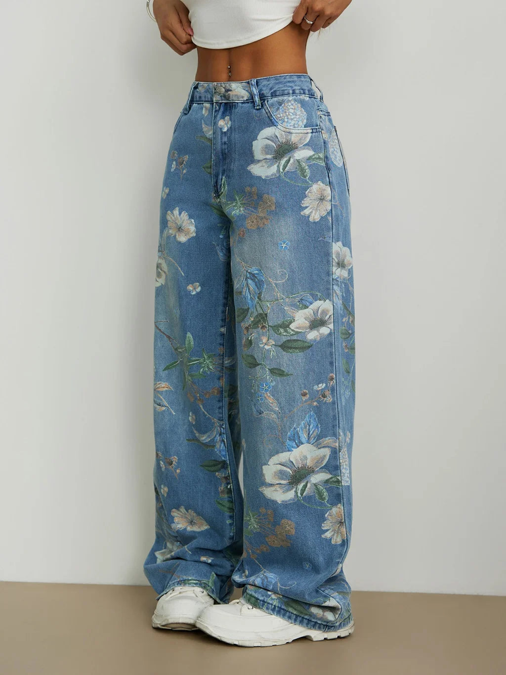 Calça Jeans Feminina Wide Leg Floral Cintura Alta